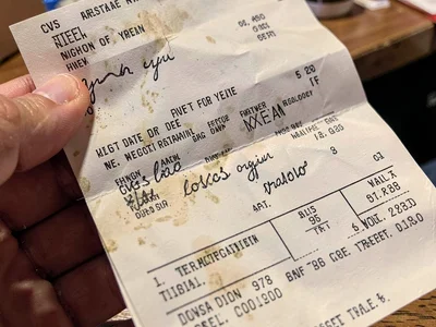 Receipt from first date restaurant, kept for years, the paper proof of love's or