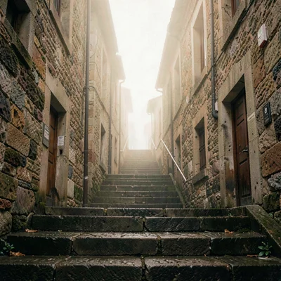 Vertical atmospheric scene of a stone stairway descending into mist between old