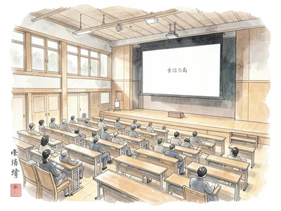 University lecture hall with tiered seating and a large projection screen
