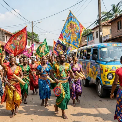 Resilient color in Port-au-Prince, Haiti, Rara band procession, dancers with seq