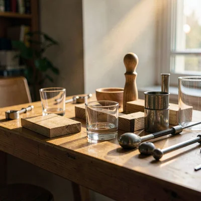 Slow-light photograph of a foley table with prop wood, glass, and metal, soft am