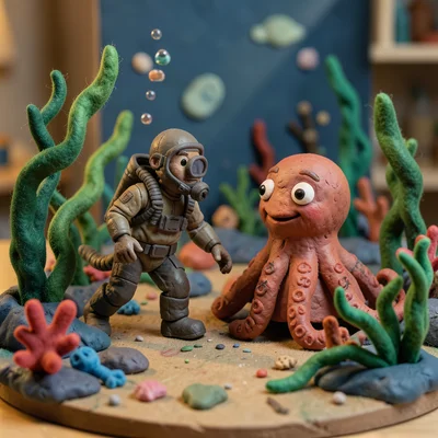 A clay deep-sea scene: a diver in a clay suit meeting a friendly clay octopus, s