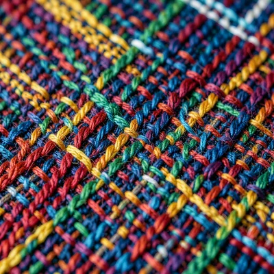 Woven tartan plaid, twill weave with intersecting colored stripes creating check
