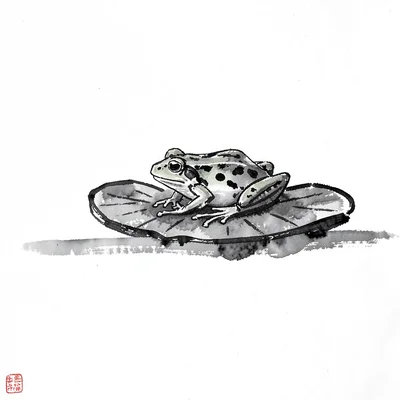 Frog on a lily pad, the water implied by a single horizontal wash stroke