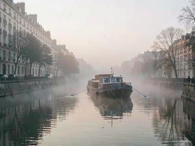 Barge emerging from fog on still morning