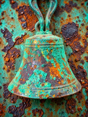 Antique brass school bell with verdigris patina, traditional ringing handle