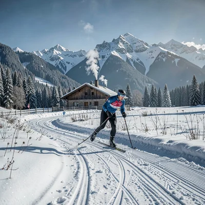 Crisp Alpine clarity, formal composition, Cross-country skier in classic techniq