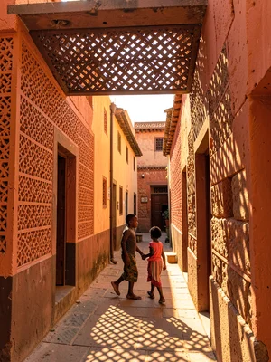 Afternoon sun through mashrabiya lattice in Lamu, Kenya, Children playing in all