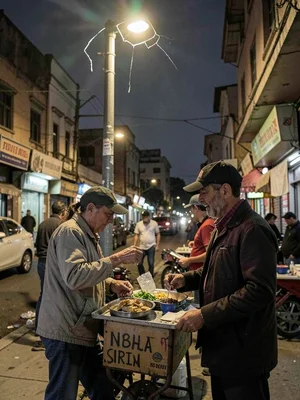Street vendor counting the day's take under a broken streetlight, the math of su