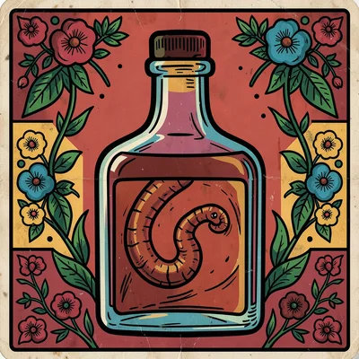 Mexican lotería card illustration, a bottle of mezcal with the worm visible insi