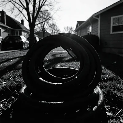 Garden hose coiled in dramatic shadow, could be snake or rope, menacing ordinary