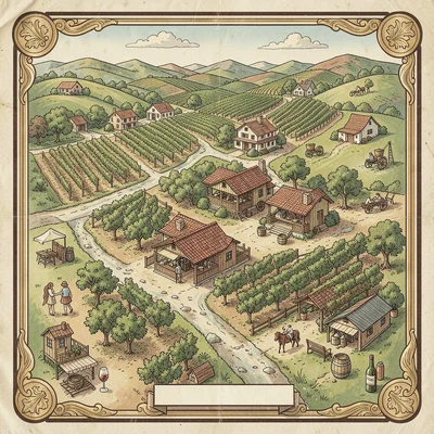 Illustrated map illustration, Wine country with vineyards and tasting rooms , pi