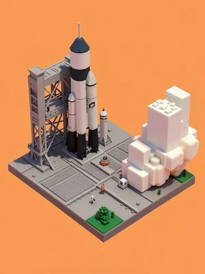A space shuttle launch pad with rockets, gantry, and exhaust cloud all in cubic 