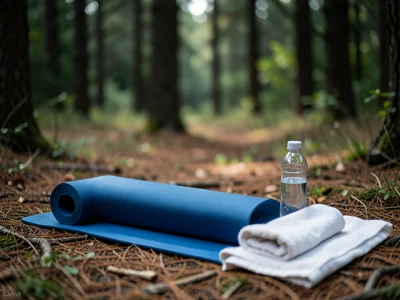 Yoga mat rolled out on a forest clearing floor, water bottle and towel, nobody p