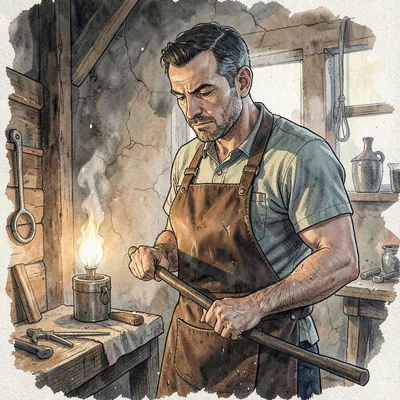 Quiet artisan portrait of a smith tying on a heavy leather apron at the forge at