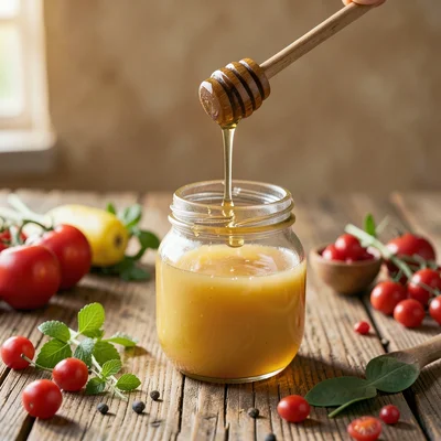 Honey dipper with honey flowing upward back into jar, reverse drip