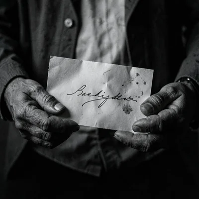 Charcoal portrait of hands holding a folded signature, faint smudge