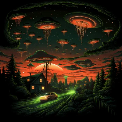 Black t-shirt print detail packed UFOs in drive at Mc
