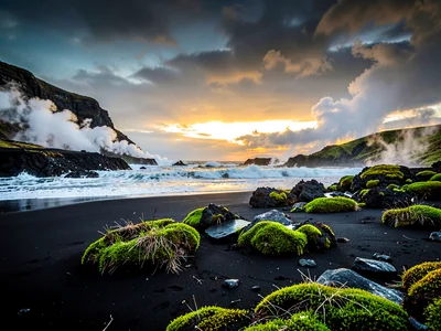 Volcanic otherworldly light in Iceland, obsidian black beach with waves crashing