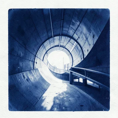 A parking garage spiral ramp seen from inside looking up toward daylight