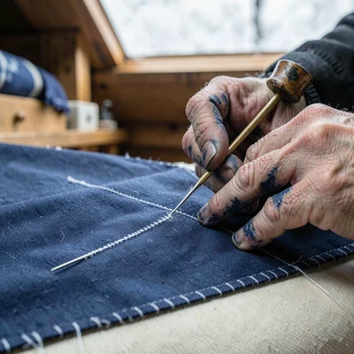Documentary-style photograph, intimate and close, northern Japanese textile work