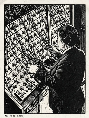 A telephone switchboard operator connecting cables, the board filling the wall b