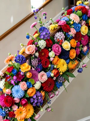 A staircase banister draped in dense garlands of mixed flowers — no bare wood vi
