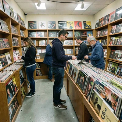 Record store vinyl browsing