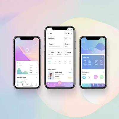 Screenshot grid of three phones in stair-step formation, abstract feed dashboard