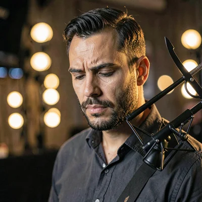 Sound mixer portrait with the boom rig over the shoulder, deep concentration, am