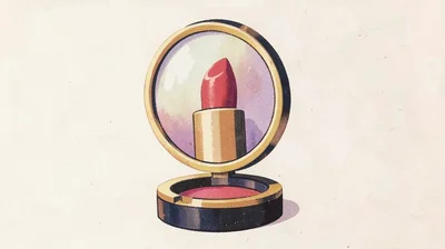 Gouache illustration, lipstick in compact mirror , opaque matte pigment, flat co