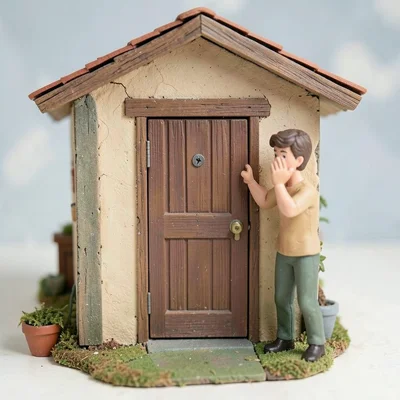 Normal-sized door in wall of a tiny dollhouse-sized building, person confused