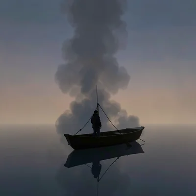 Solitary fisher silhouette in a small wooden boat on a glass-still lake at dusk,