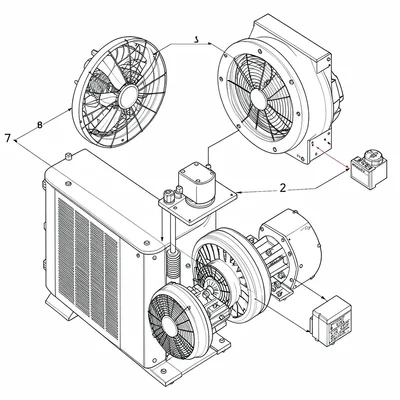 Exploded diagram of an outdoor condenser unit showing fan, coil, compressor and 