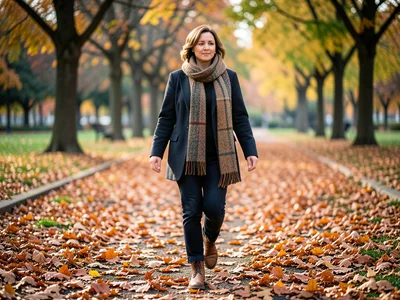Person walking through carpet of fallen leaves in park, scarf, boots