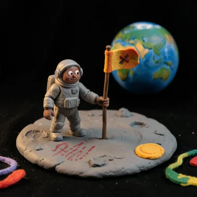 A clay astronaut planting a flag on a moon made of grey modeling clay, Earth vis