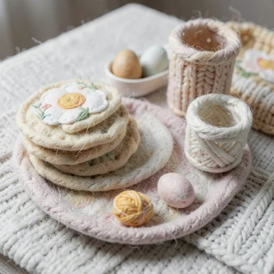 Flat-lay of a felted breakfast spread with knit pancakes, embroidered eggs, and 