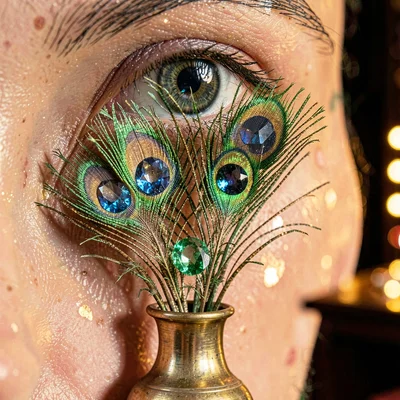 Through the Jaipur gem cutter's eye, faceted light, Peacock feathers arranged in