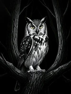 Owl in forest darkness