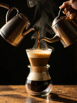 A V60 pour-over in progress, water spiraling from a gooseneck kettle onto the co