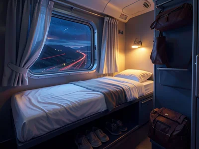 A night train sleeping compartment, the narrow bunk made up with crisp white she