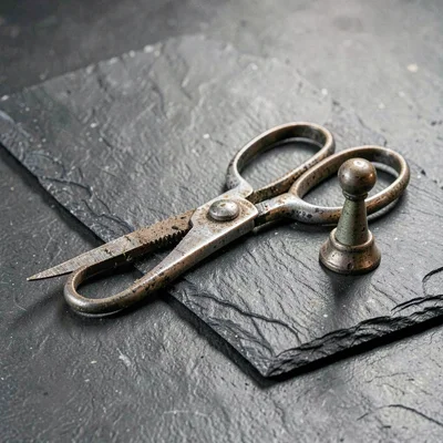 Mineralcut study of a worn pair of fabric shears and a thimble on slate, hard gr