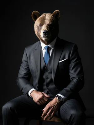 Bear in tailored three-piece suit sitting for corporate headshot, studio lightin