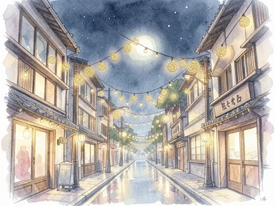 City night scene where all lights are French knots in gold thread on photo