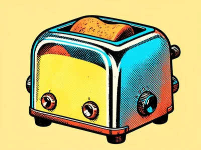 Vintage toaster with bread slots, flat chrome rendered in bold outline