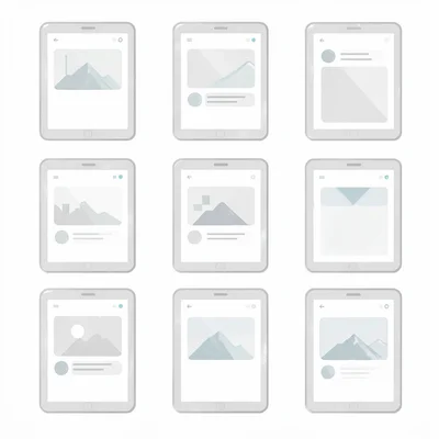 Modular grid of nine pale UI-screen silhouettes representing a responsive matrix