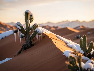 Desert sand dune with fresh snow on ridge, cactus with icicles