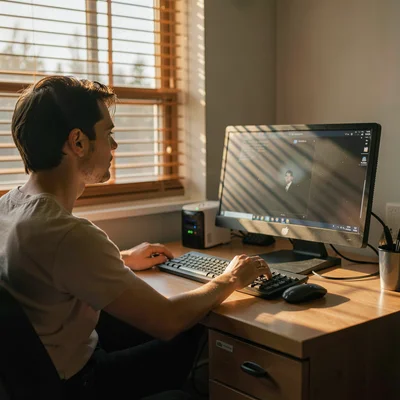 Documentary photograph, Early morning home office, golden light through blinds, 