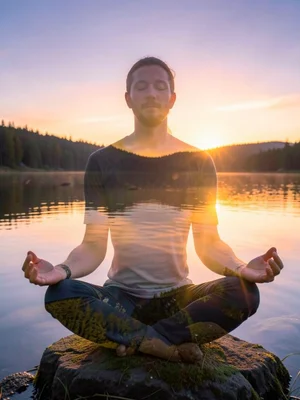 Meditating figure filled with calm lake at sunrise, double exposure