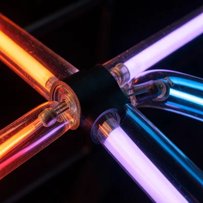 Close-up of a tube joint: where two sections of glass meet, the black-painted bl